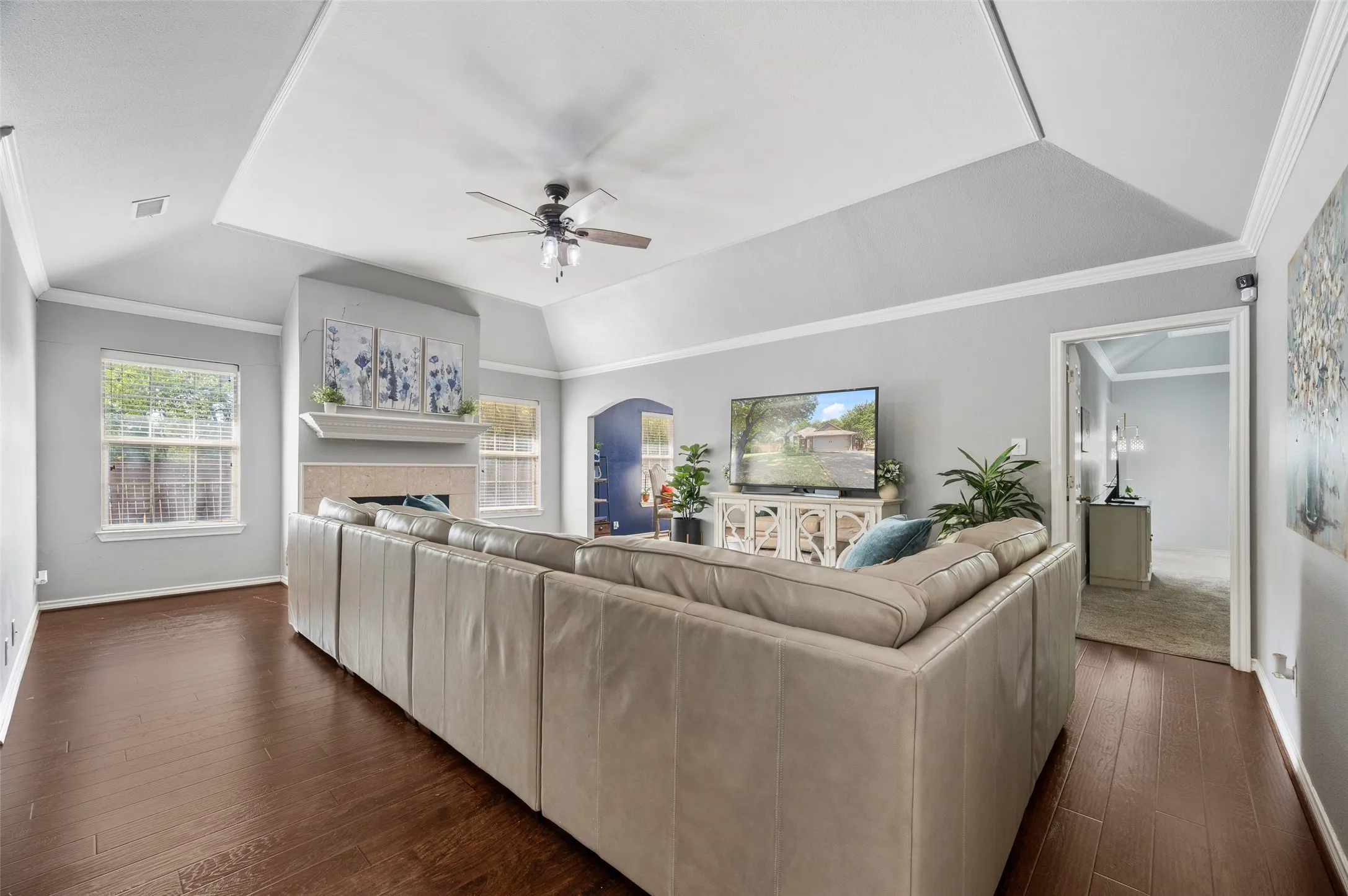 The entryway spills into this huge open living room.