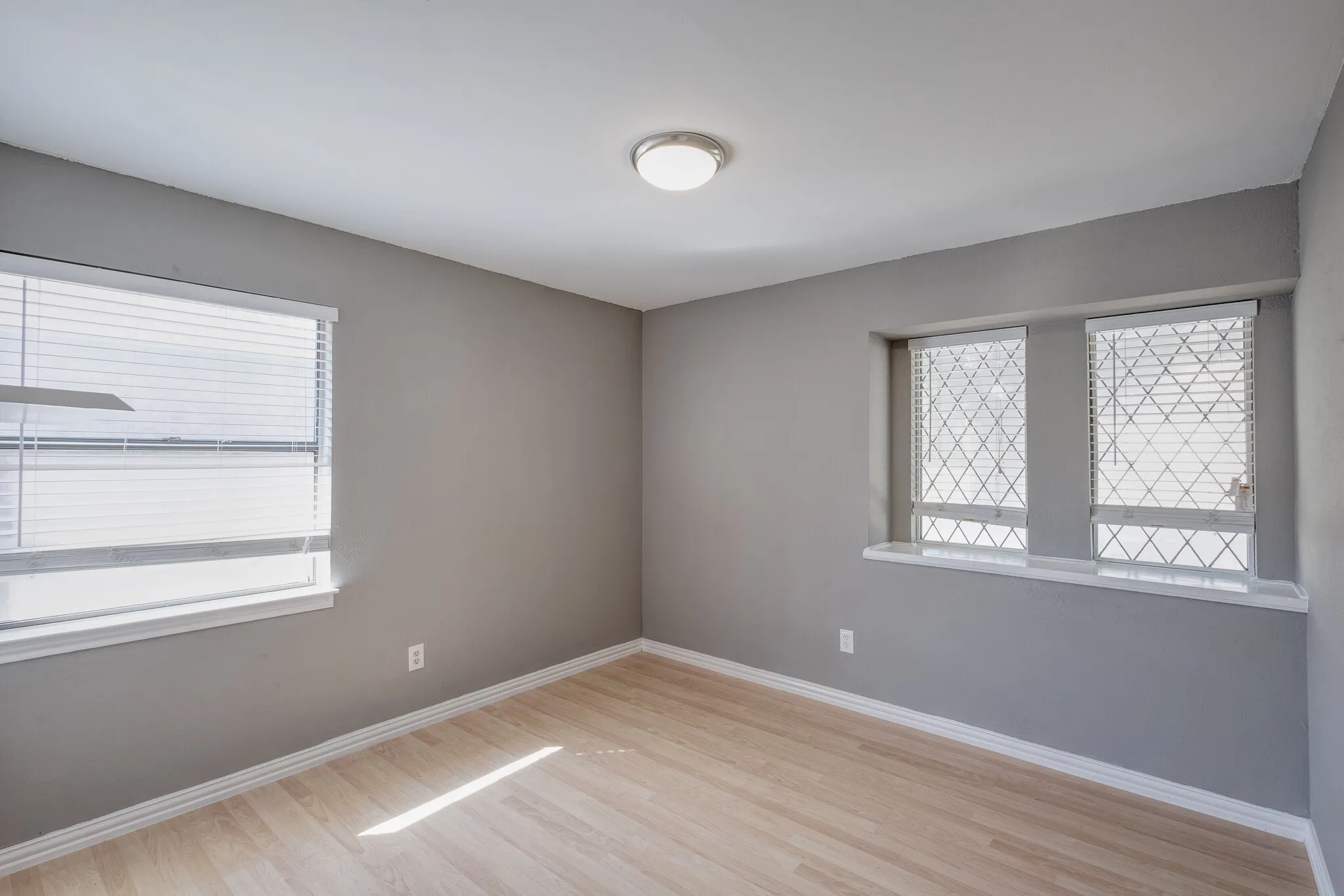 Light wood-finish flooring, neutral gray wall tones, and white trim