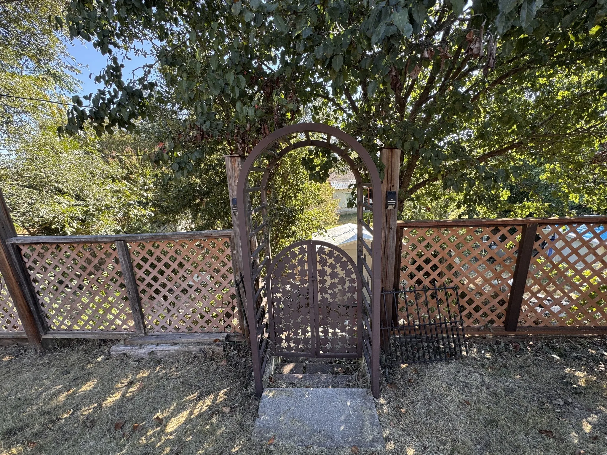 Decorative metal archway with an ornate gate, flanked by lattice fencing and mature trees