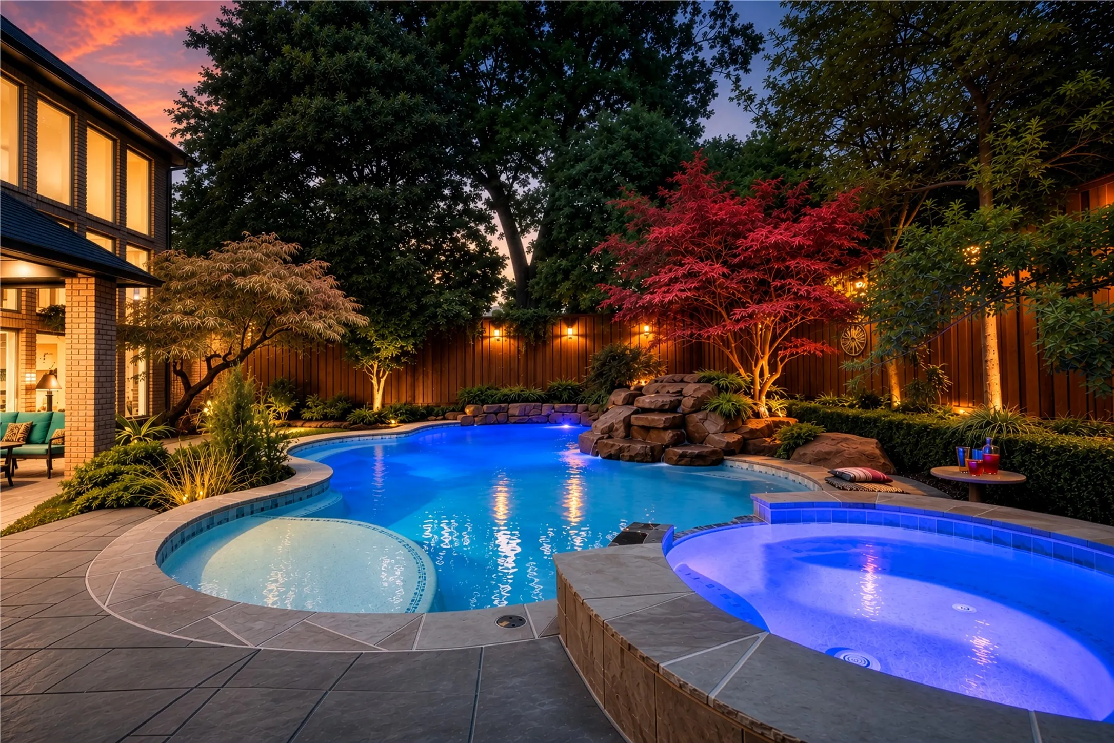 Curved swimming pool with integrated spa and rock waterfall feature, extensive patio pavers, manicured hedges, and perimeter accent lighting