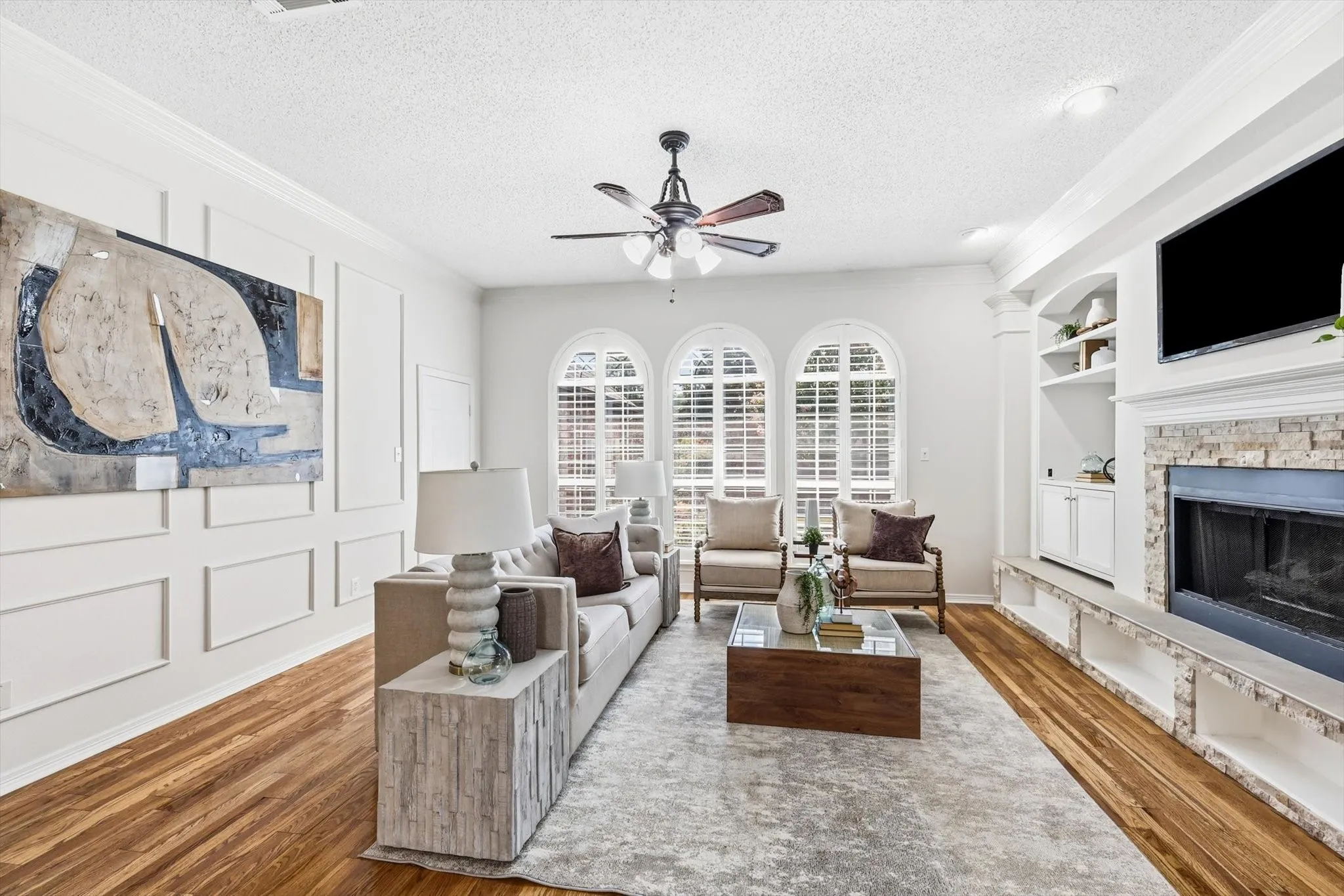 Spacious Living Room. Plantation Shutters in Main Windows.
