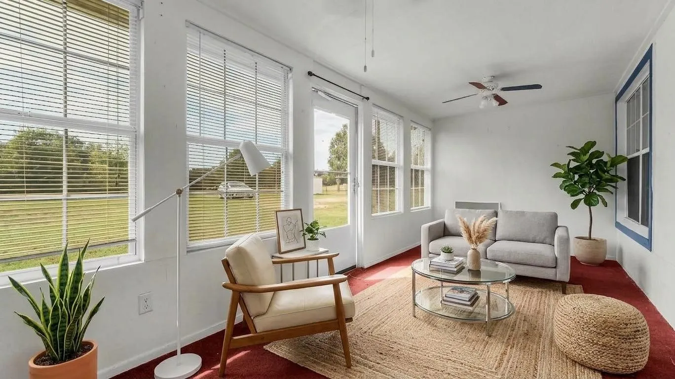 Room featuring multiple windows with blinds, a glass-paneled door, and a ceiling fan