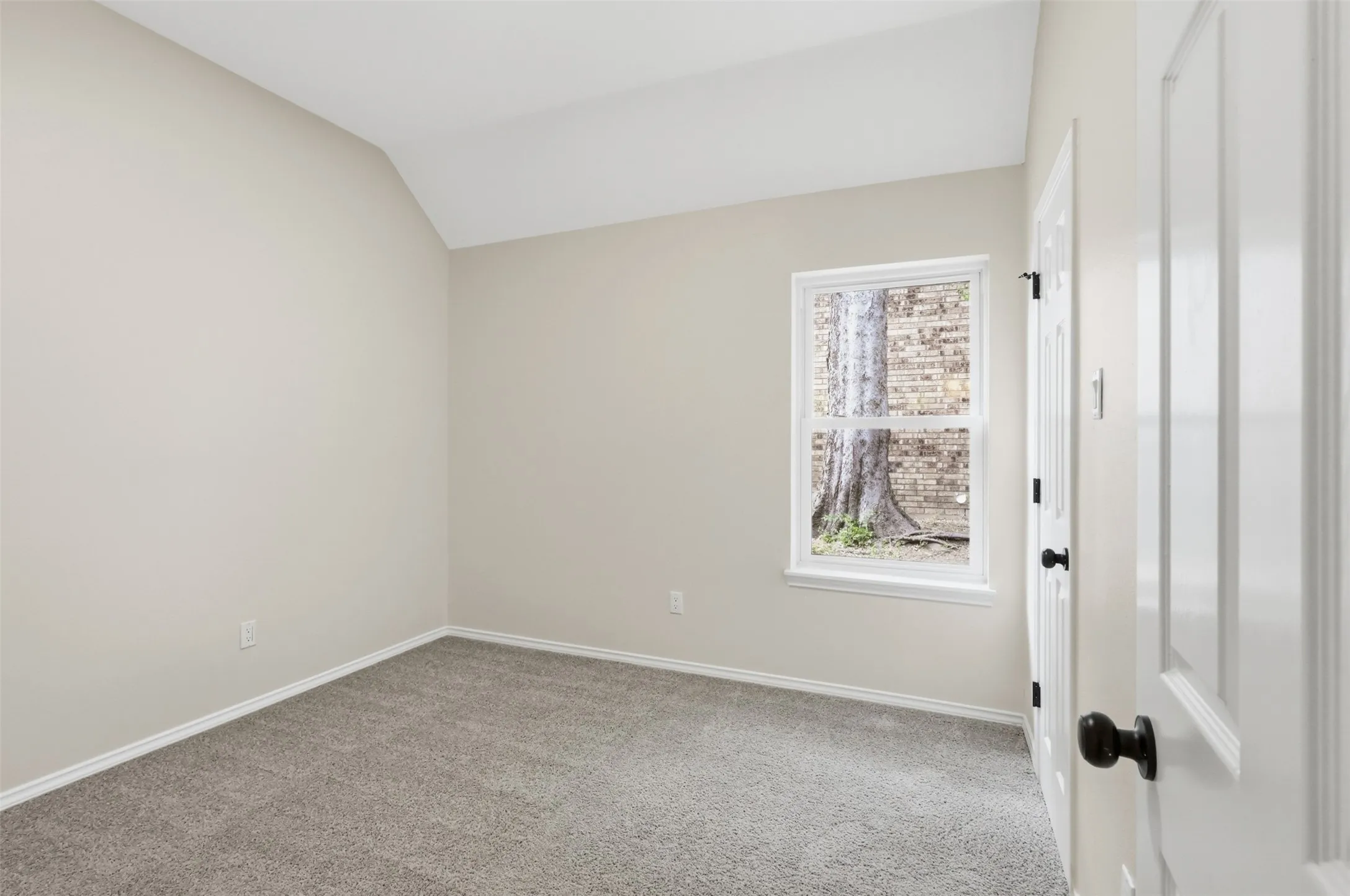 Vaulted ceiling, neutral wall paint, gray carpeting, single window, paneled door with black hardware