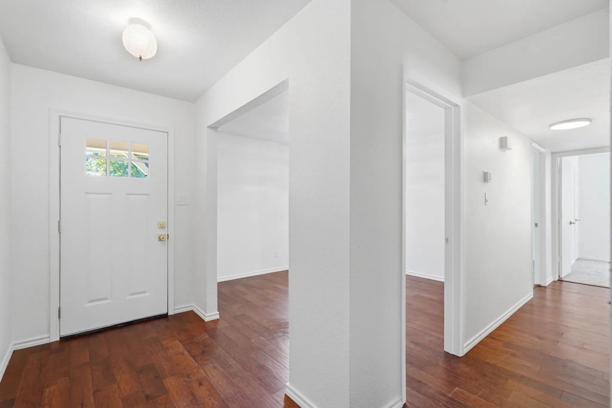 Entryway with wood-finish flooring, white walls, and a multi-pane door