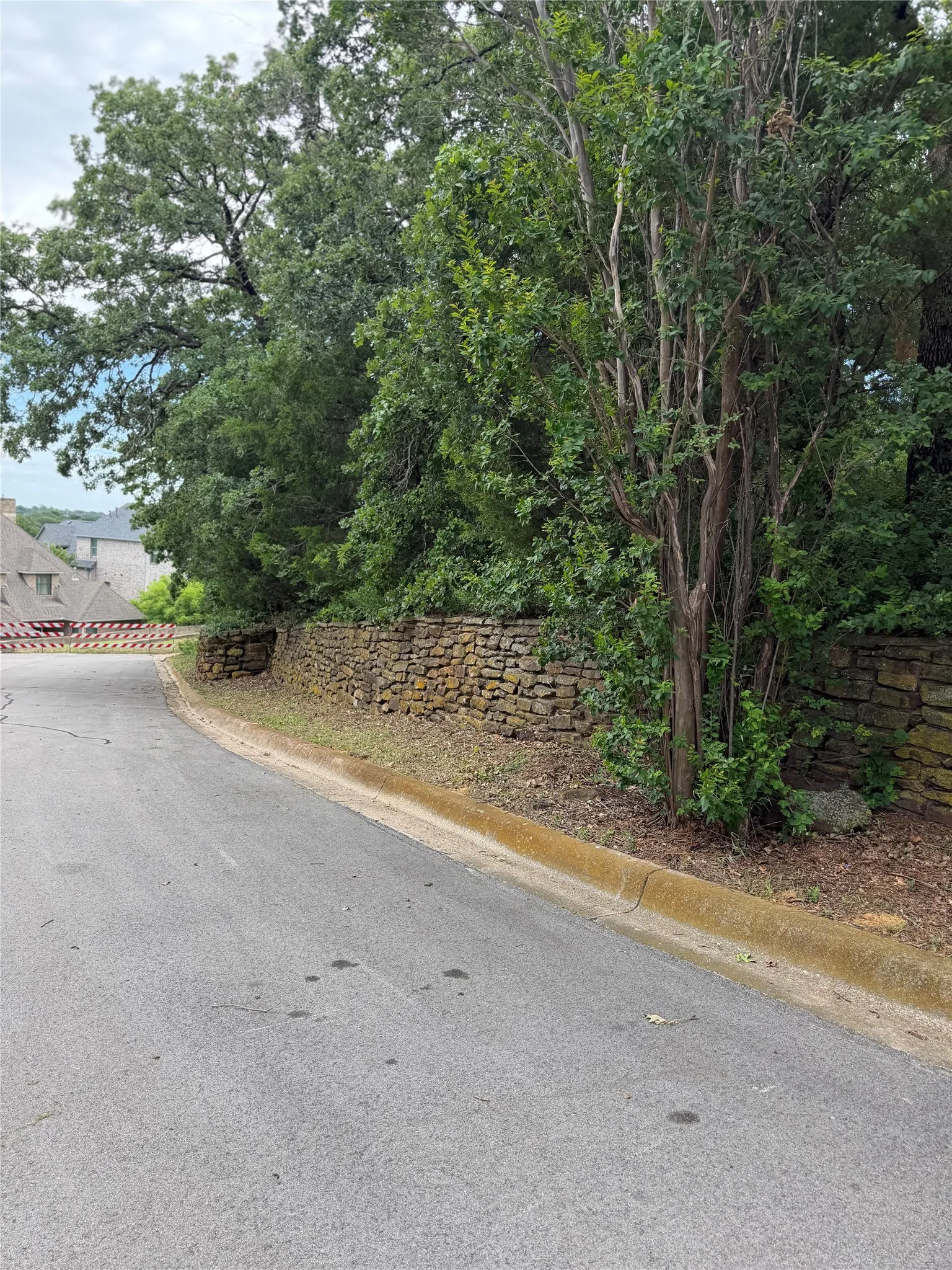 Corner of lot Mature trees and a stone retaining wall border the paved road