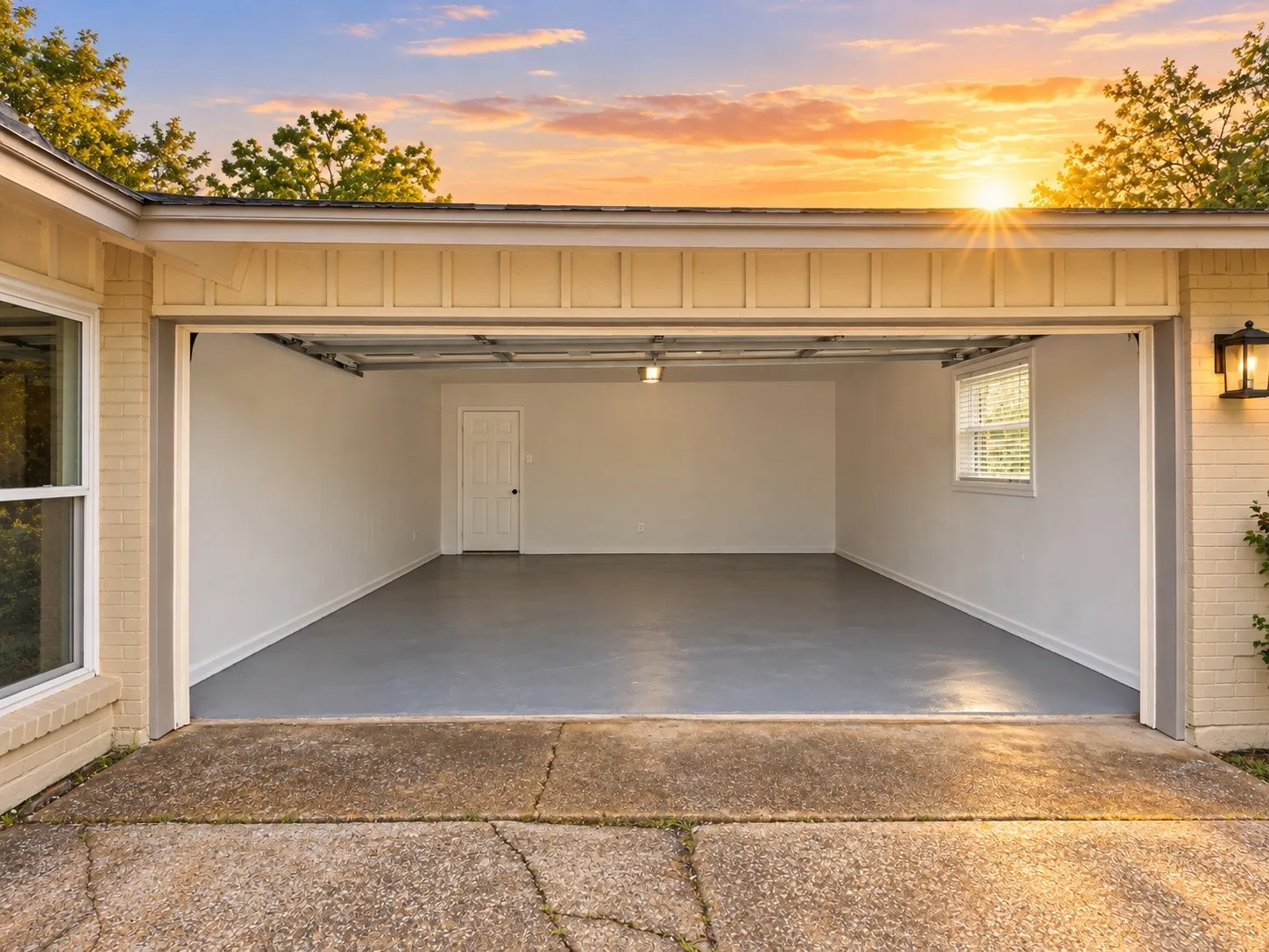 Two-car garage with a gray finish floor, white painted walls, and a single window with blinds