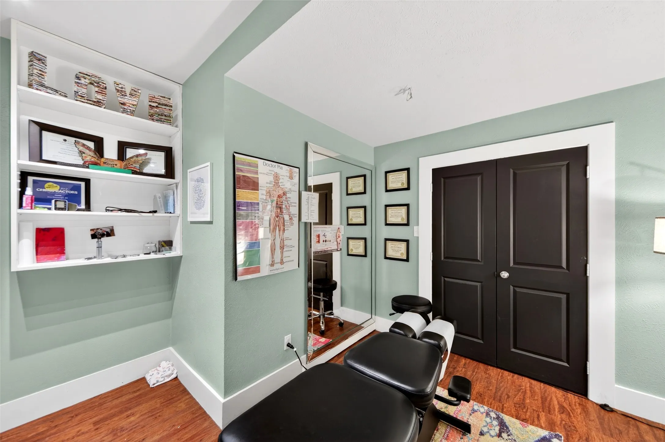Built-in shelving, wood-finish flooring, full-length mirror, and paneled double doors