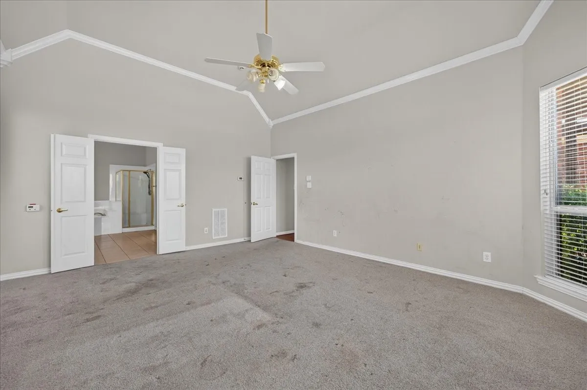 Vaulted ceiling with crown molding, ceiling fan, carpet flooring, and a large window with blinds