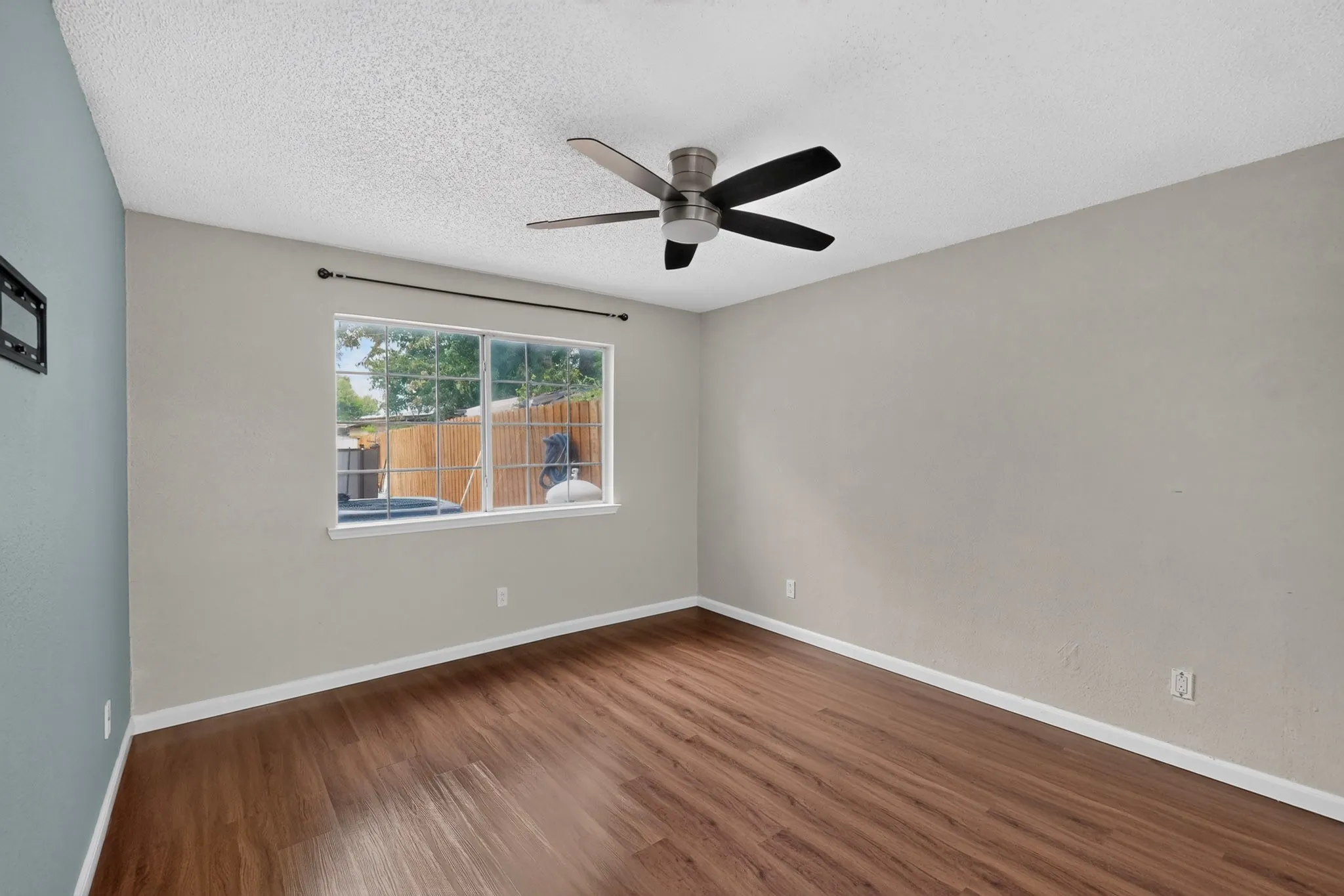 Wood-finish flooring with white trim