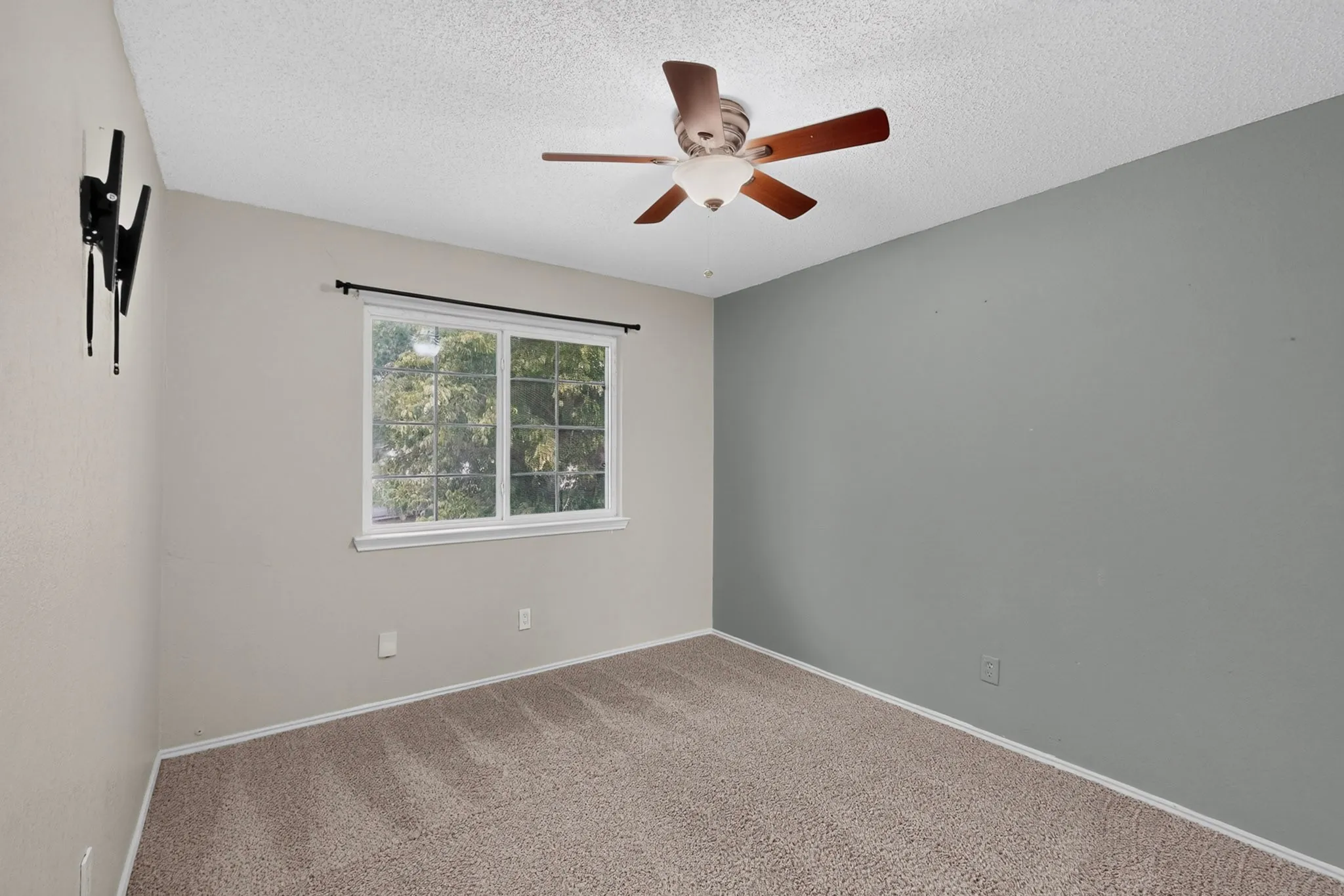 Carpeted flooring, ceiling fan with light fixture, window with white trim, and a two-tone painted wall