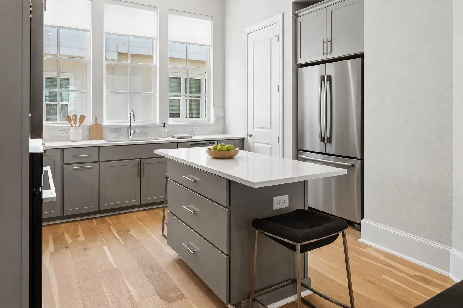 Image virtually staged with refrigerator and accessories to show use of space. Refrigerator is not included.