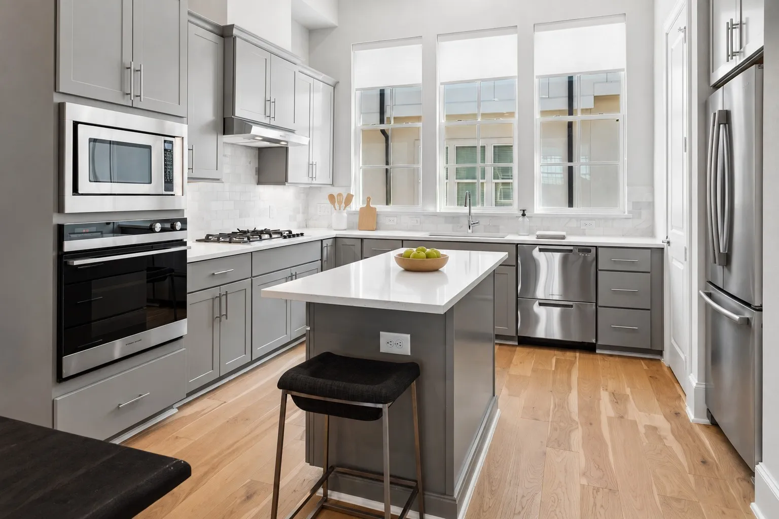 Image virtually staged with refrigerator and accessories to show use of space. Refrigerator is not included.