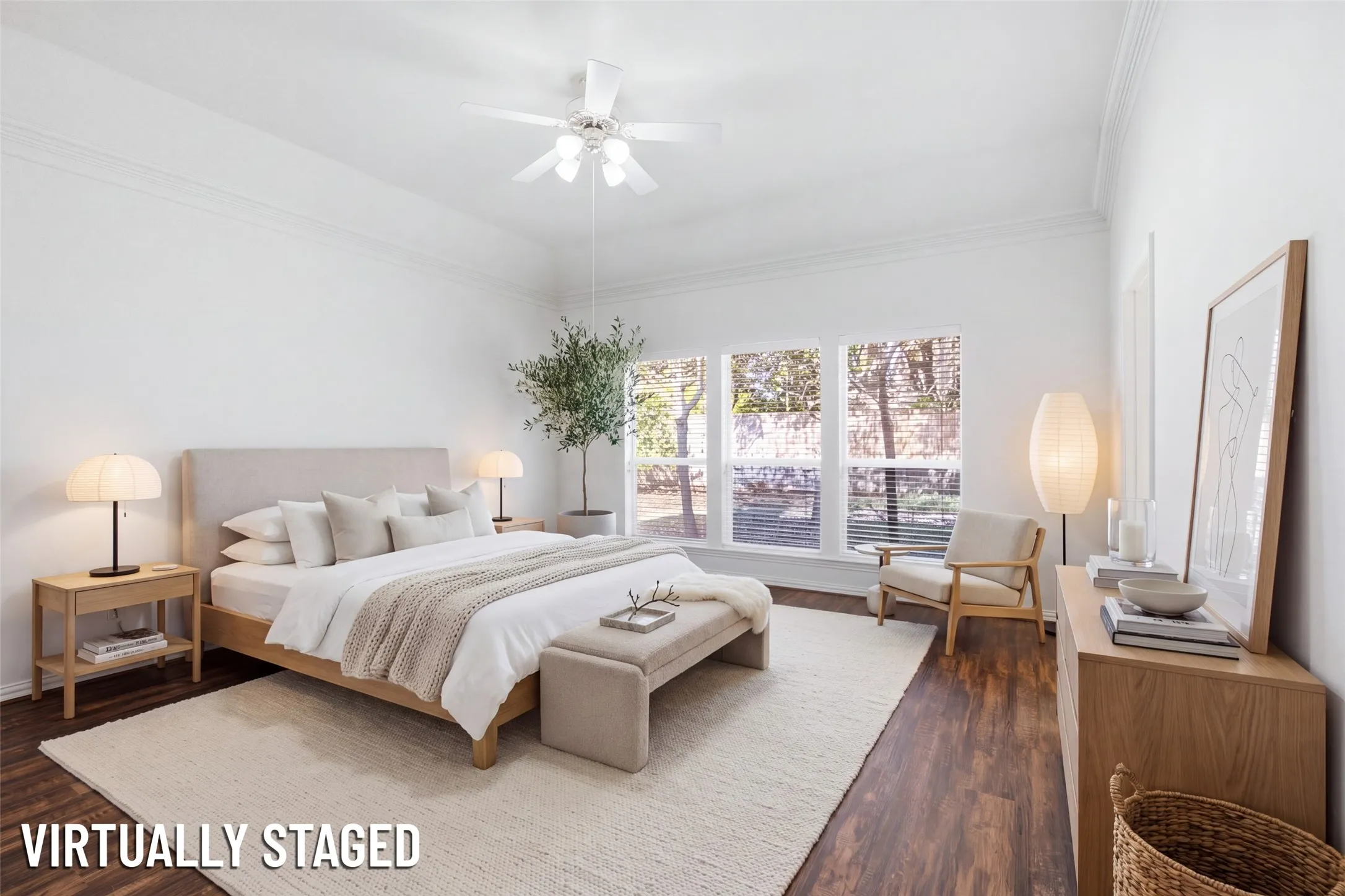 (Virtually Staged) Split primary retreat with a window wall to the greenbelt-style side yard and fresh flooring throughout