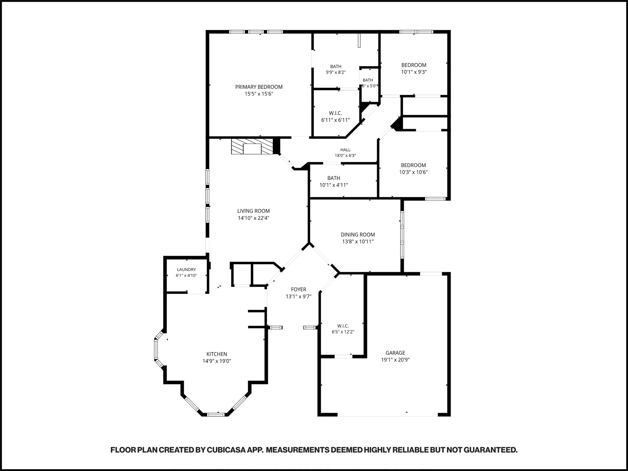 Floor plan — 3 bedrooms, 2 baths, 2-car garage; measurements deemed reliable but not guaranteed
