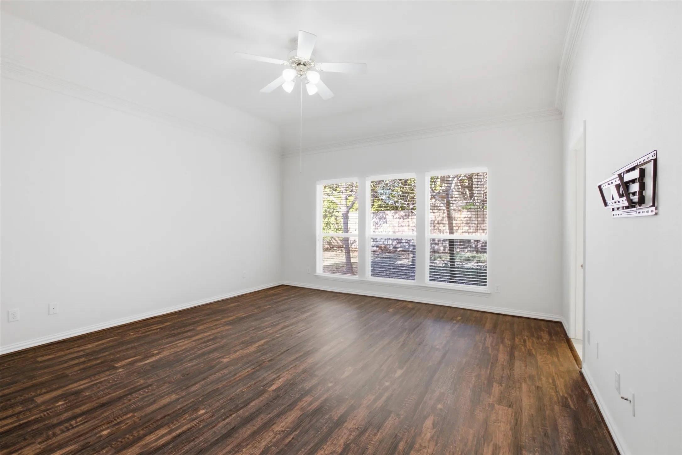 Split primary retreat with a window wall to the greenbelt-style side yard and fresh flooring throughout