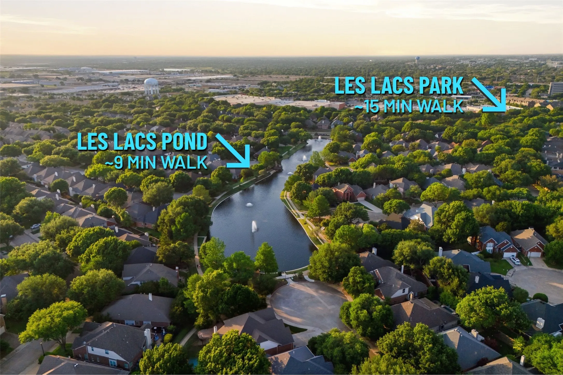 Les Lacs Pond about 9 minutes on foot, Les Lacs Park about 15 — both walkable from home