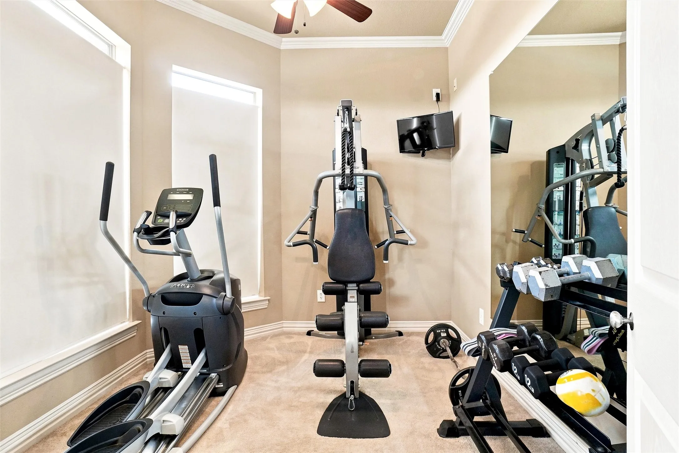 Room featuring coved ceilings, crown molding, two windows with roller shades, and wall-mounted television