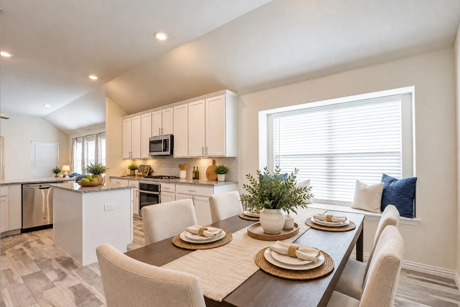 Open-concept dining area with wood-finish flooring, vaulted ceiling, and a built-in window seat
