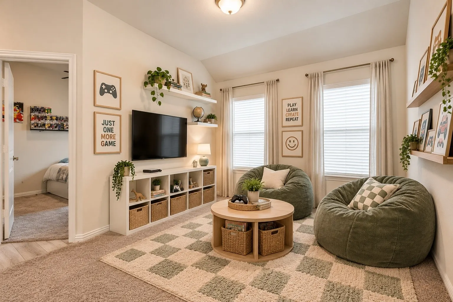 Built-in shelving unit with cubbies, white window blinds, and recessed ceiling lighting