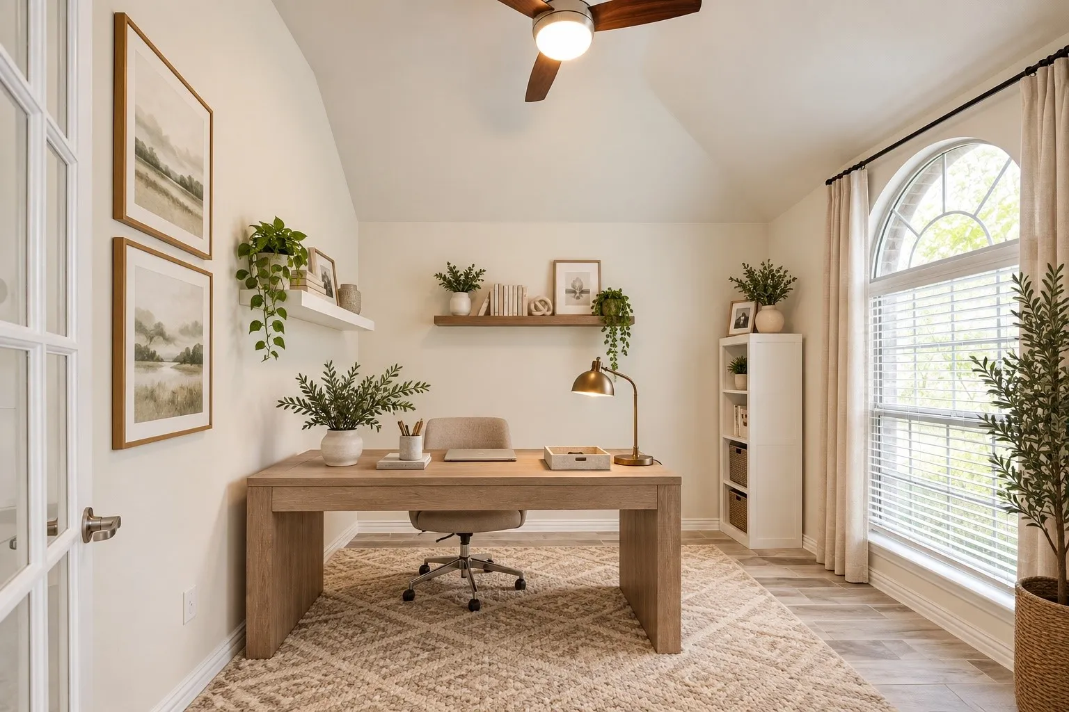 Vaulted ceiling with a wood-finish ceiling fan, arched window with blinds, wood-finish flooring, and French doors