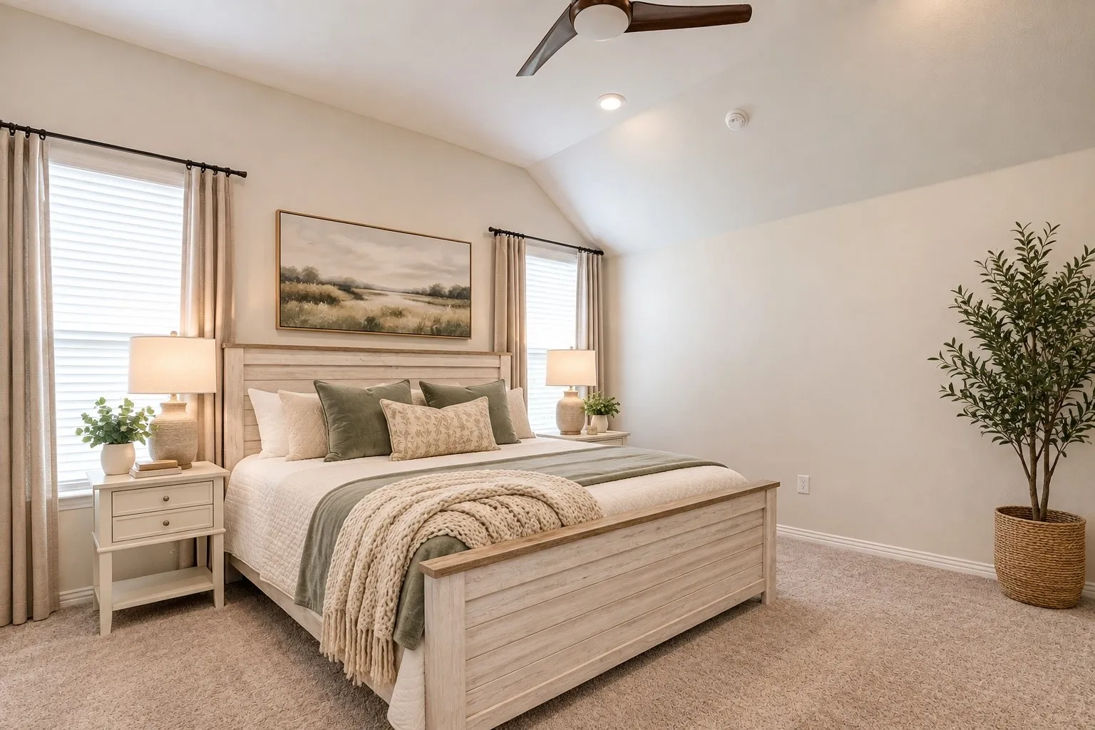 Vaulted ceiling, ceiling fan, recessed lighting, double windows with blinds, and neutral tone carpet