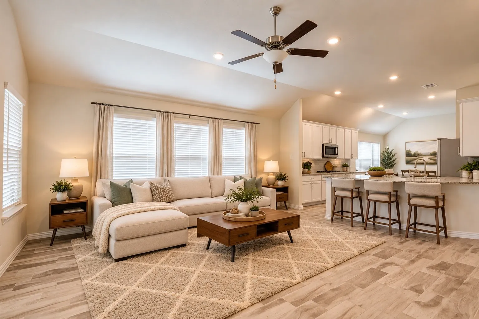 Vaulted ceilings, recessed lighting, ceiling fan, wood-finish flooring, and white kitchen cabinetry