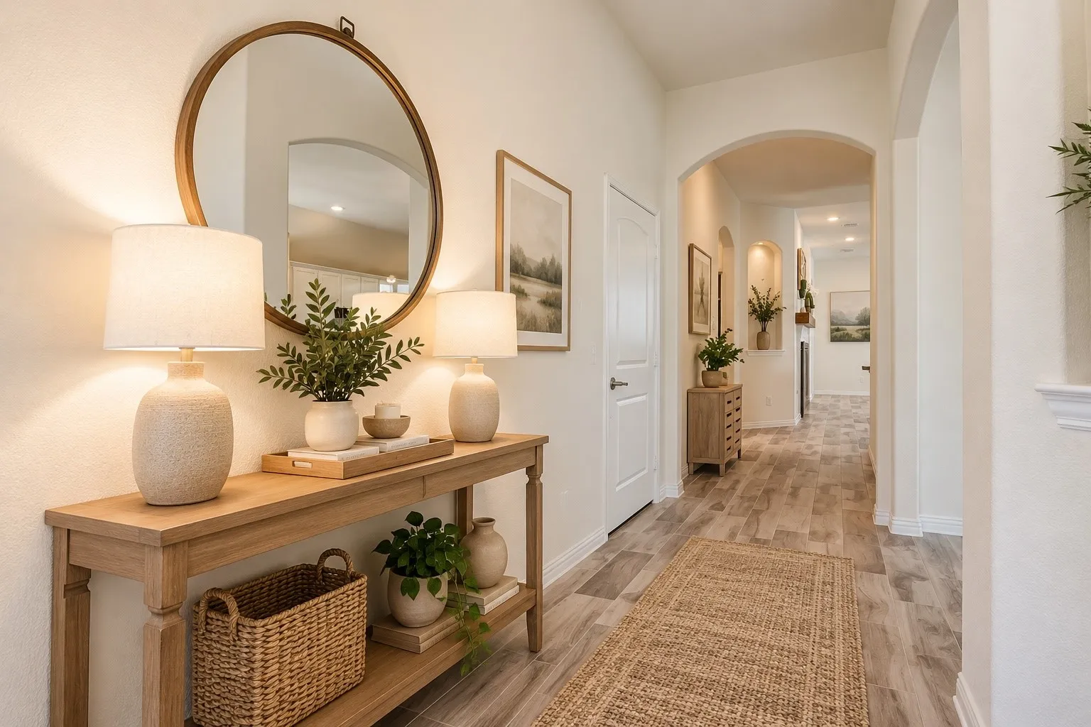 Entryway featuring wood-finish flooring, an arched doorway, and built-in wall niches