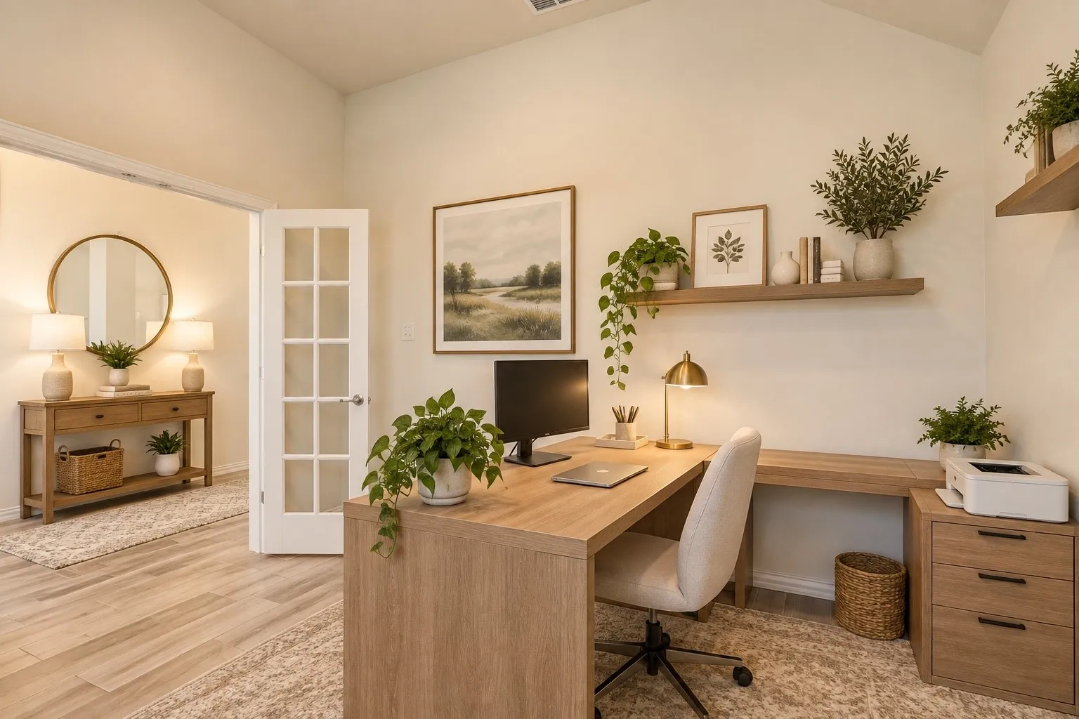 Wood-finish flooring throughout, complemented by a light-toned wood desk and shelving