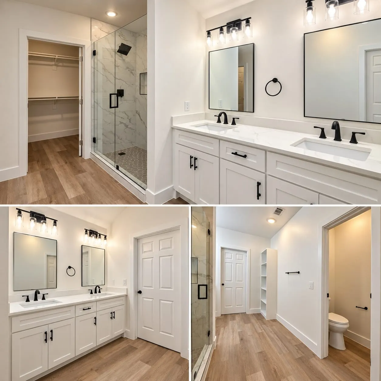 Primary Bathroom Suite Featuring Dual Vanities with Undermount Sinks, Matte Black Hardware, and Framed Mirrors; Walk-In Shower with Marble Subway Tile Surround and Glass Enclosure; Wood-Finish Flooring Throughout; Ample Storage with White Cabinetry and Soft-Close Drawers; Track Lighting and Recessed Ceiling Fixtures for Optimal Illumination