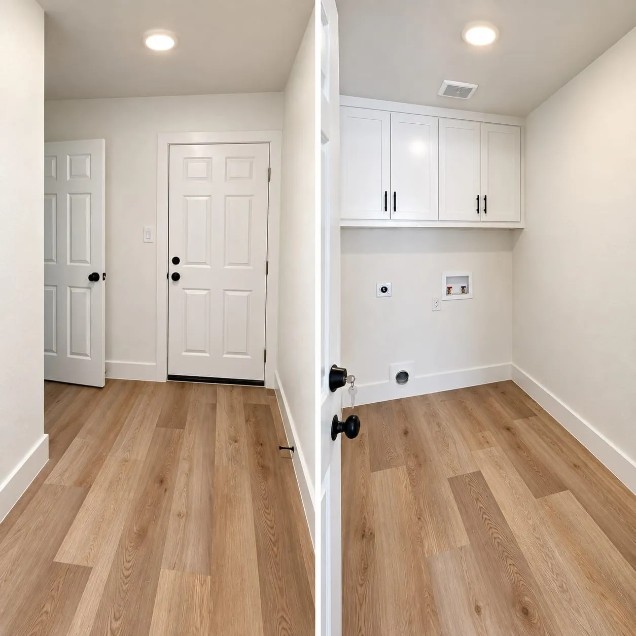 Entryway with wood-finish flooring, recessed lighting, and a white paneled door leading to a laundry area with built-in upper cabinetry