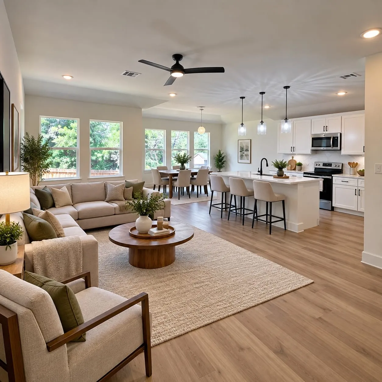 Open-concept living space featuring wood-finish flooring, recessed lighting, and a contemporary ceiling fan