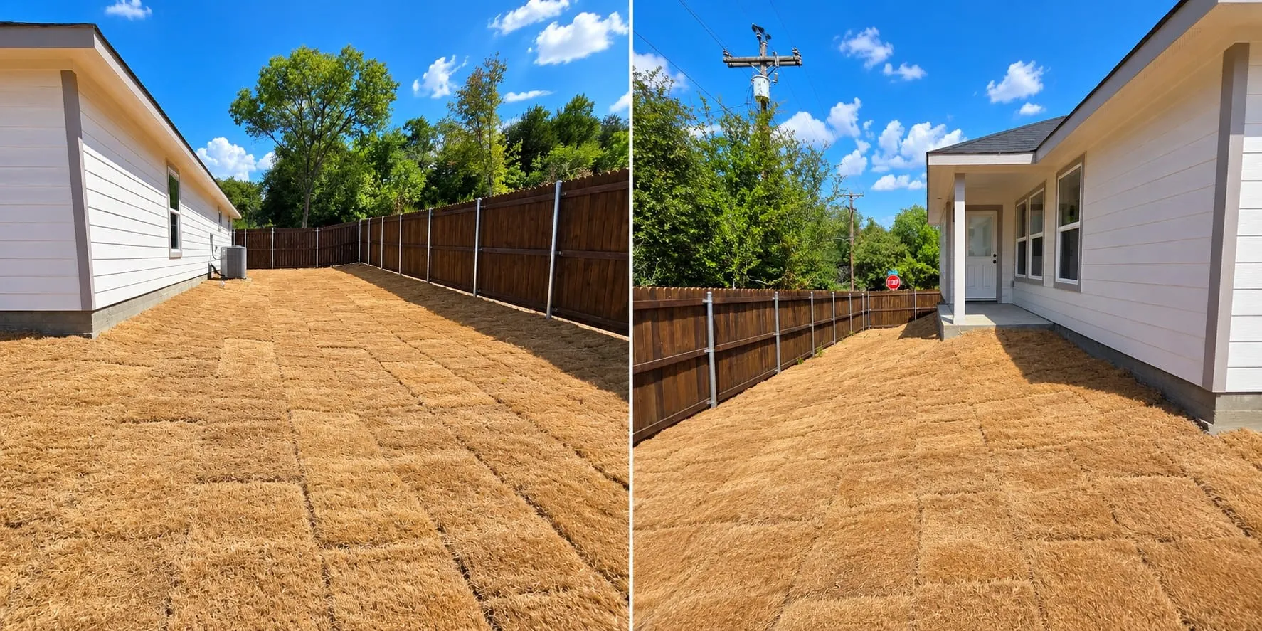 Enclosed backyard with new sod installation and a wood privacy fence