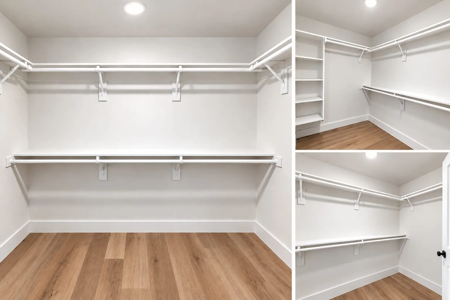 Walk-in closet with integrated shelving and hanging rods