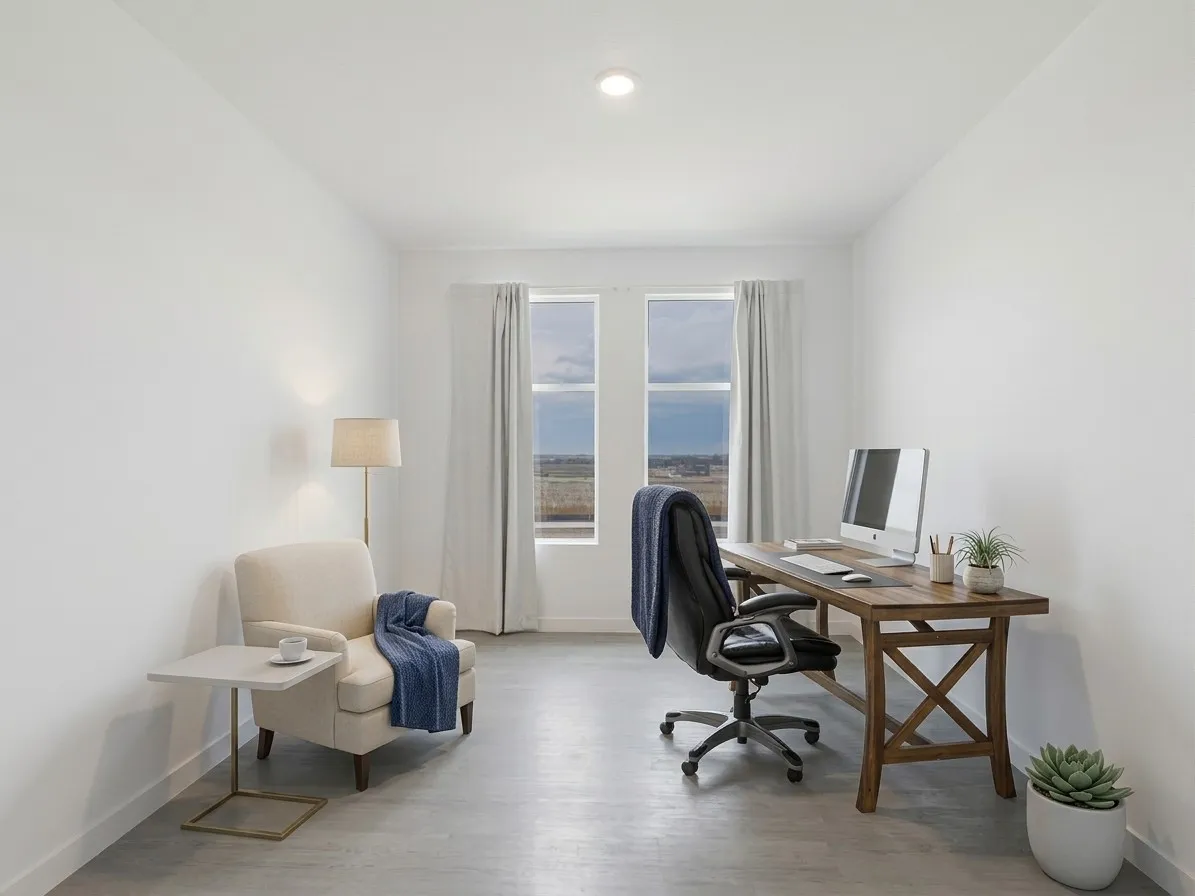 Recessed ceiling lighting, dual windows with curtain rods, and neutral wall paint