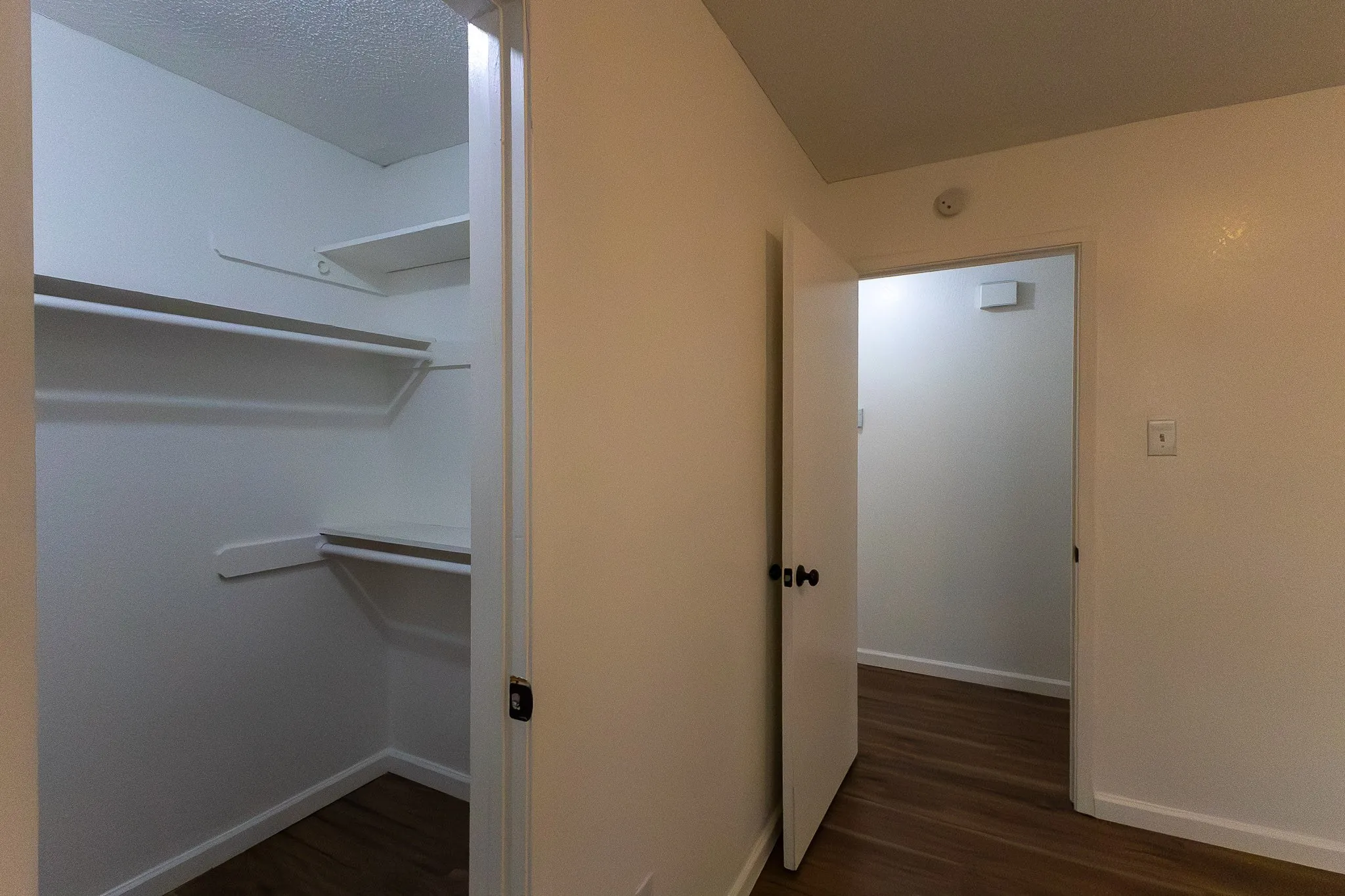 Walk-in closet with built-in shelving and hanging rods