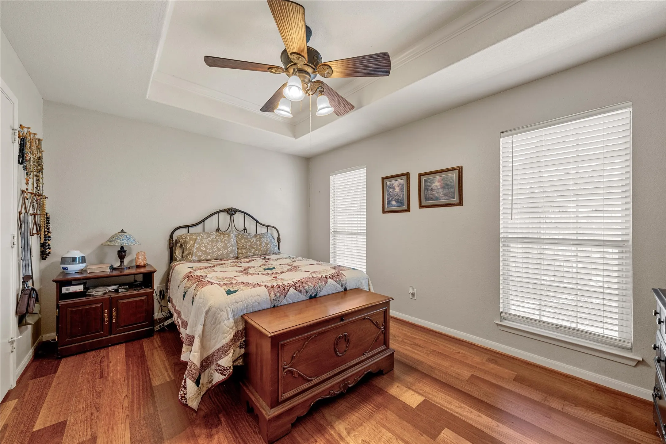 Tray ceiling with a ceiling fan, wood-finish flooring, and two windows with blinds