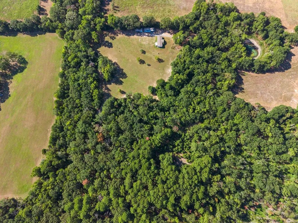 Expansive acreage featuring mature trees, open fields, and a residential structure
