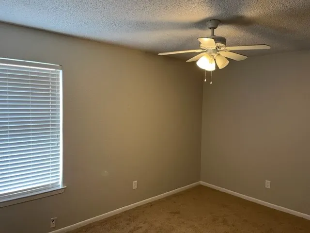 Textured ceiling, ceiling fan with light fixture, window with blinds, wall-to-wall carpeting, neutral wall color