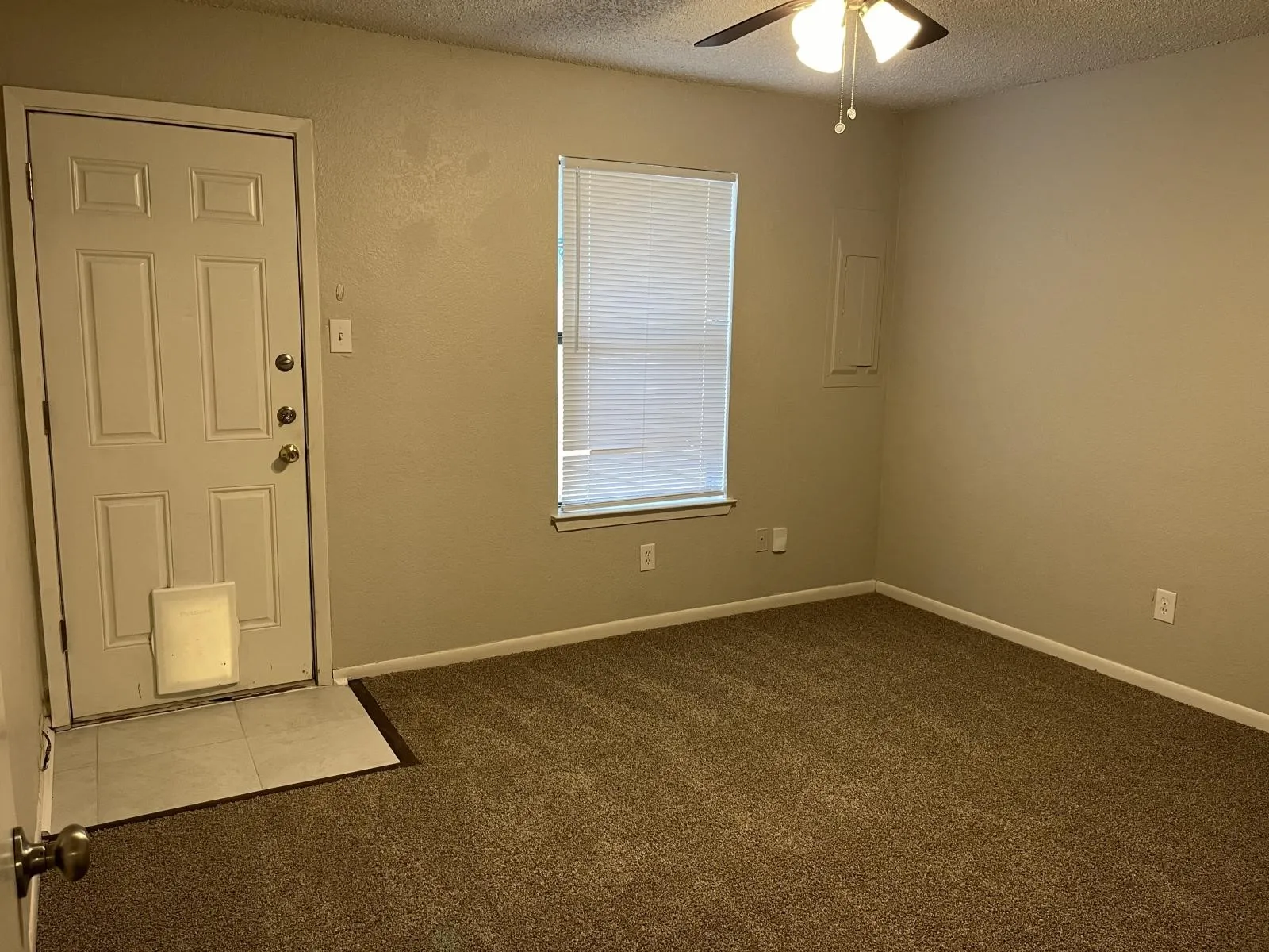 Ceiling fan, window with blinds, panel door, tile flooring, and carpeted area
