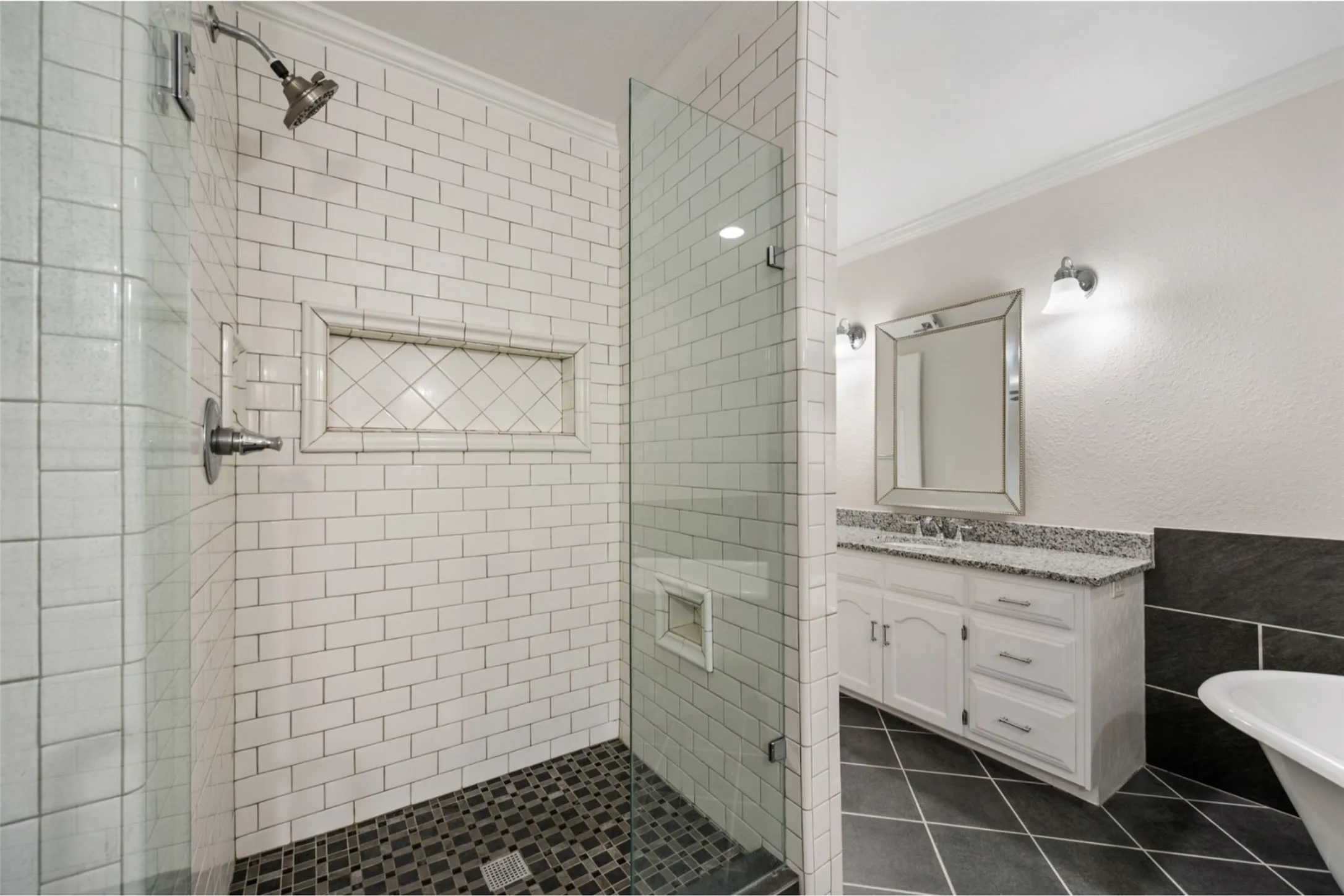 Walk-in shower with designer tile