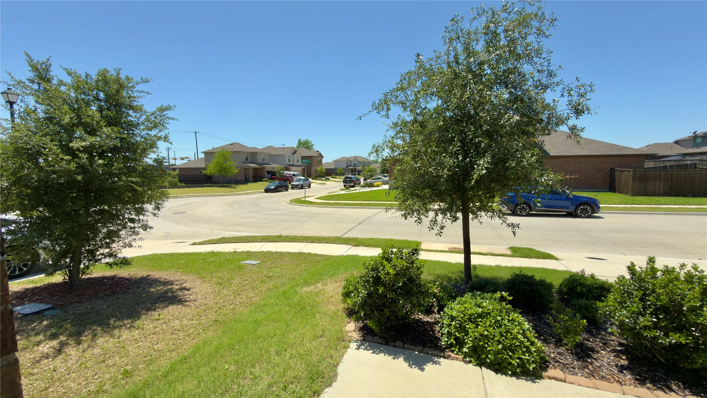 Front yard showcasing a manicured lawn, established landscaping, and mature trees