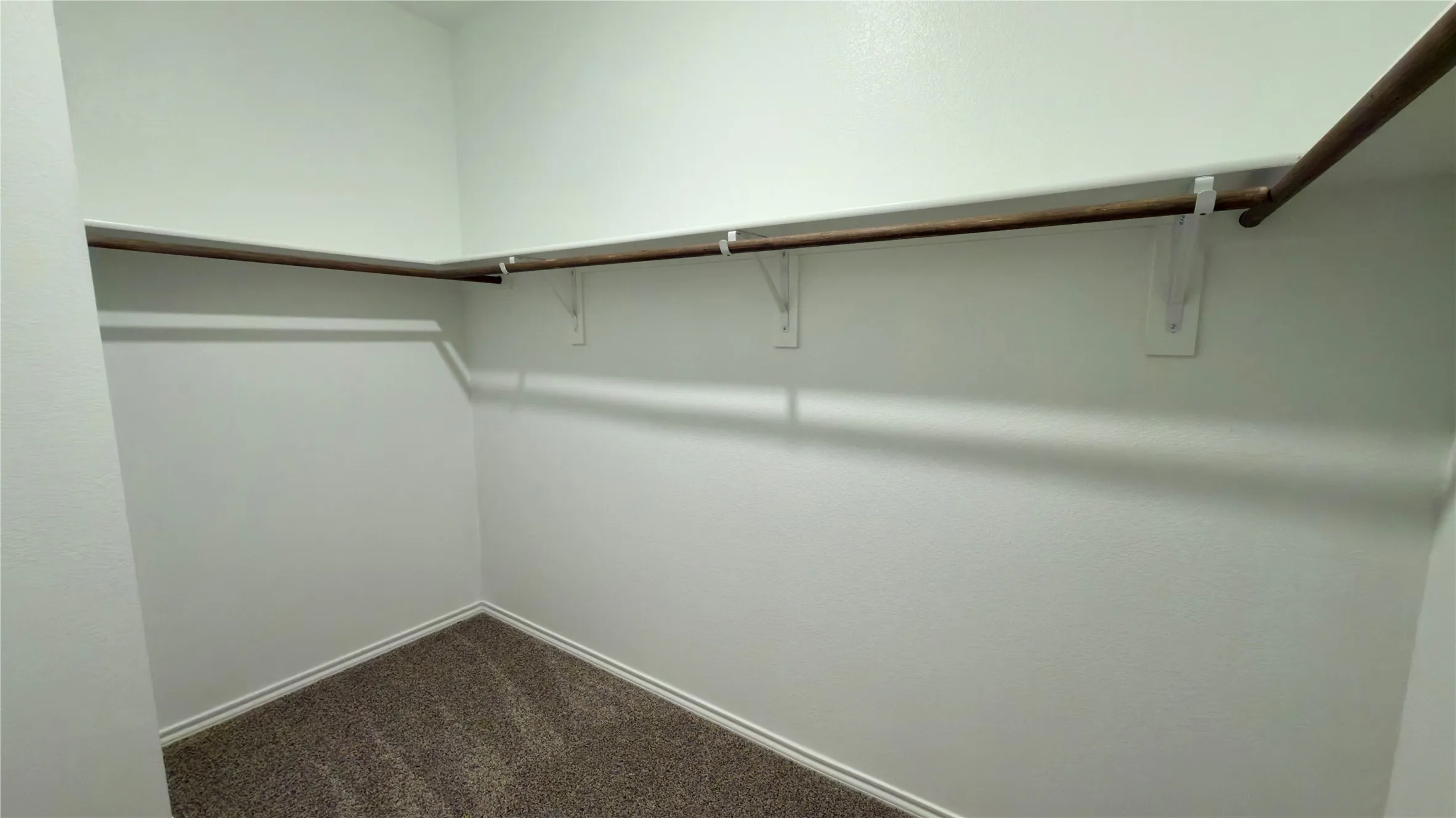 Walk-in closet featuring light-colored walls, brown-toned carpet, and a built-in shelving system with hanging rods