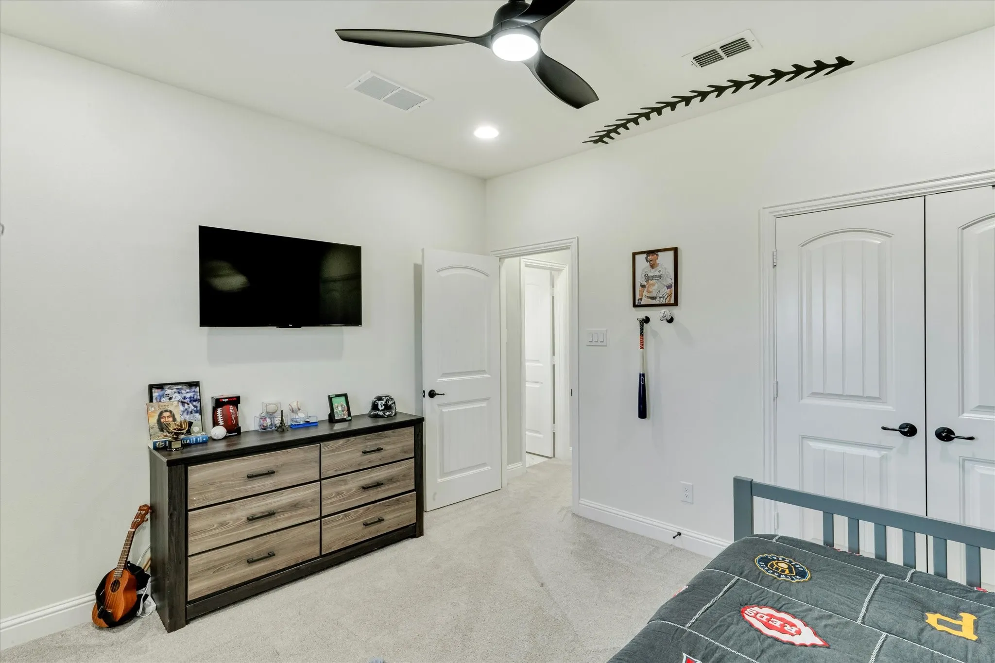 Recessed lighting, ceiling fan, carpeted flooring, and white paneled doors