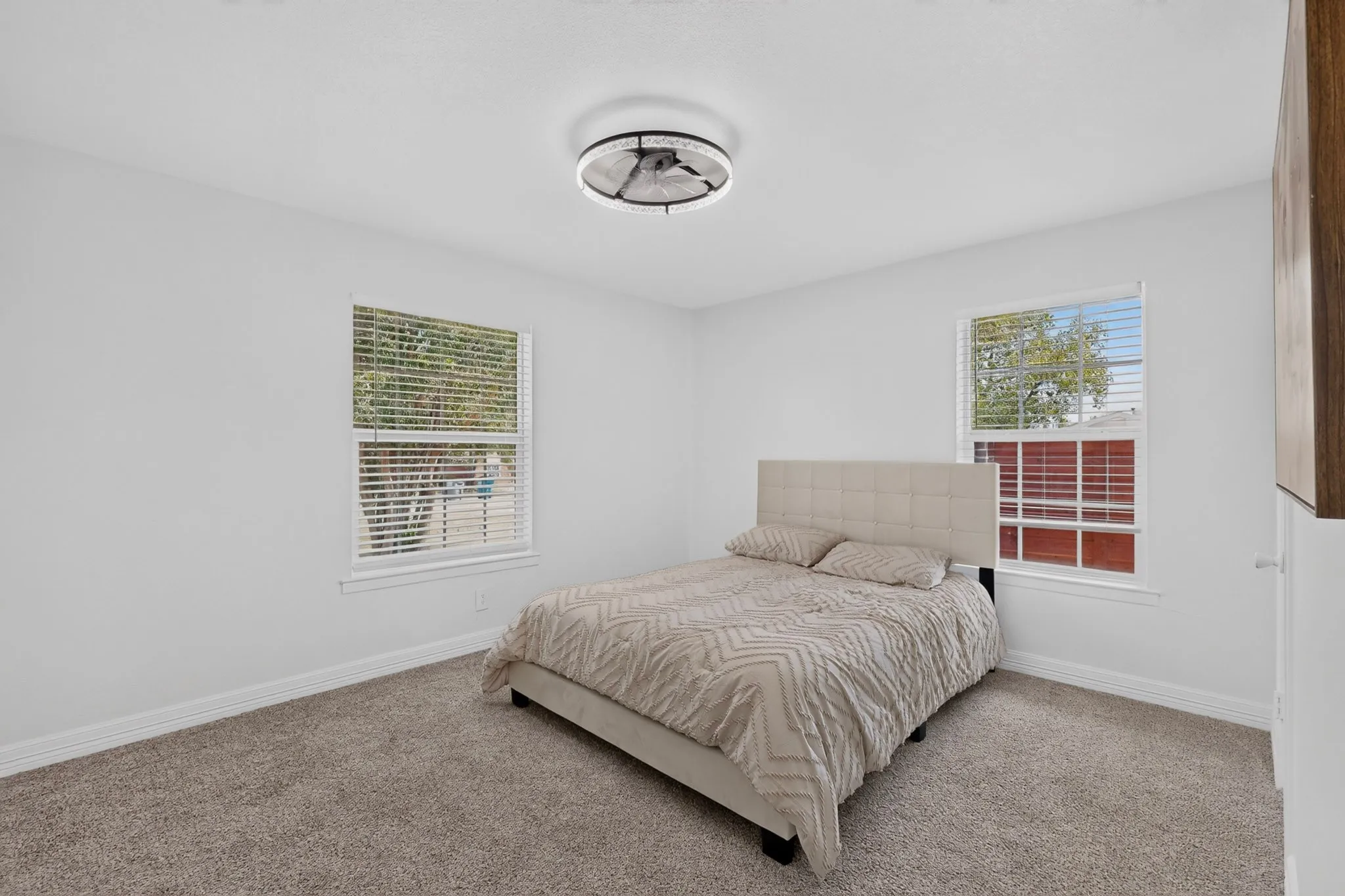 Carpeted flooring, white painted walls, two windows with blinds, and a ceiling-mounted light fixture