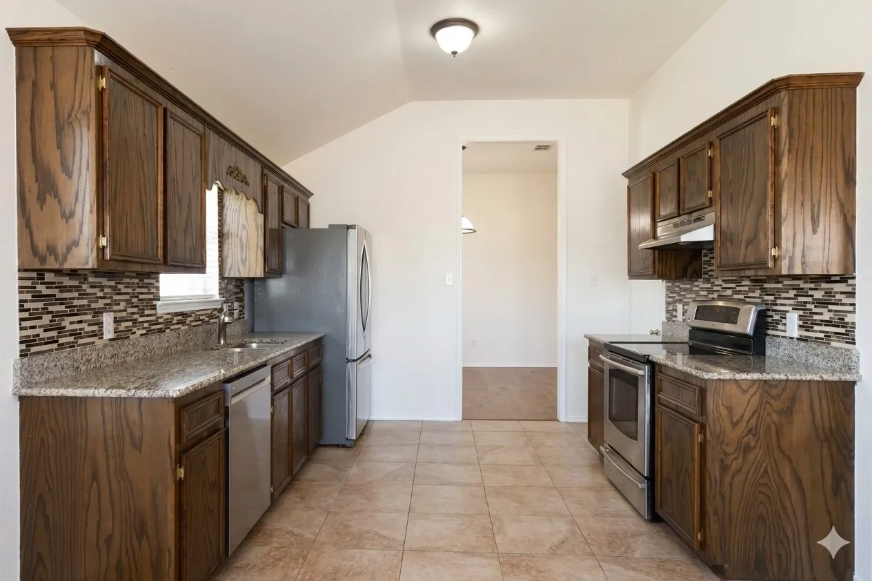 Kitchen featuring wood cabinetry, granite-style countertops, mosaic tile backsplash, and stainless steel appliances