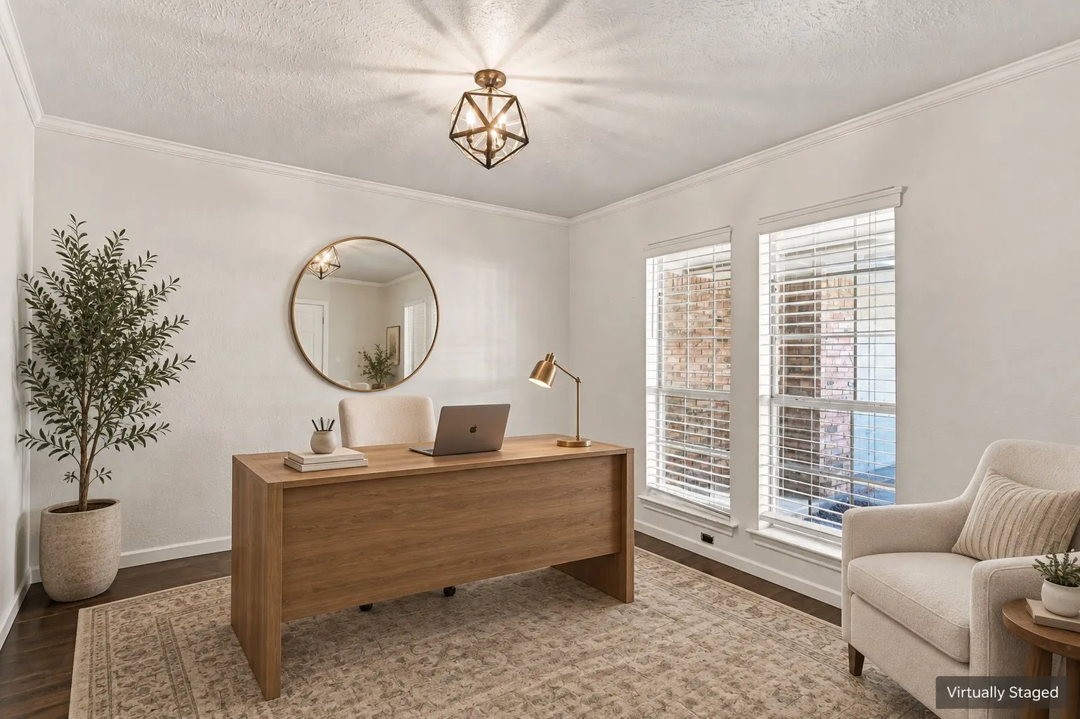 Dual windows with white blinds, crown molding, and dark wood-finish flooring