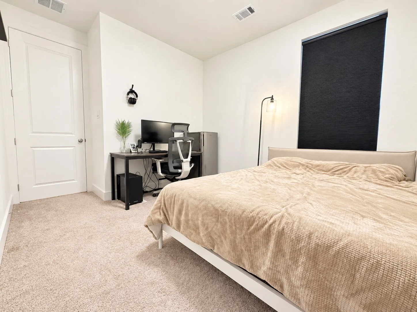 Neutral-toned carpet flooring, white painted walls, and a contemporary white two-panel door with a silver knob