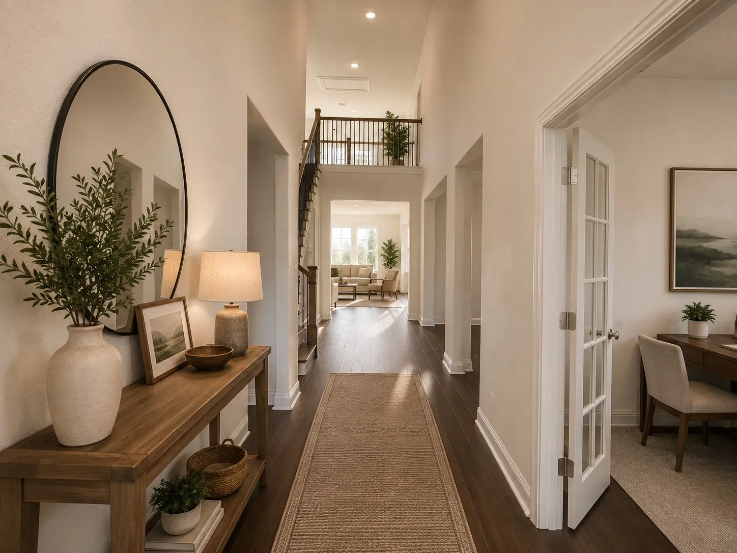 Hardwood flooring, French doors, two-story ceiling, recessed lighting, and a second-floor balcony