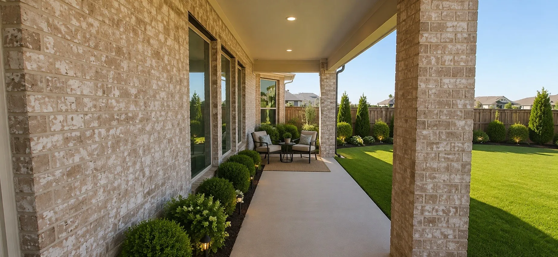 Expansive covered patio featuring brick columns, recessed lighting, and a concrete surface