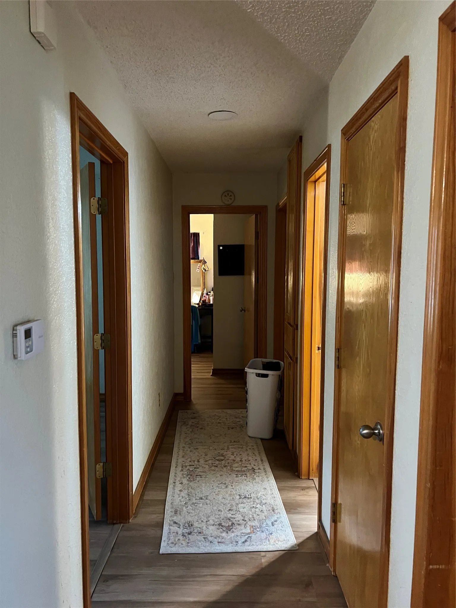 Wood-finish flooring throughout the hallway